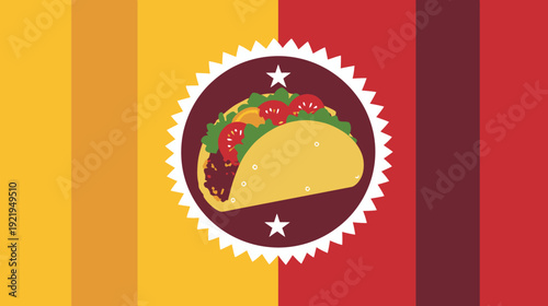 A stylized illustration features a taco with tomatoes and lettuce, framed by a starburst design