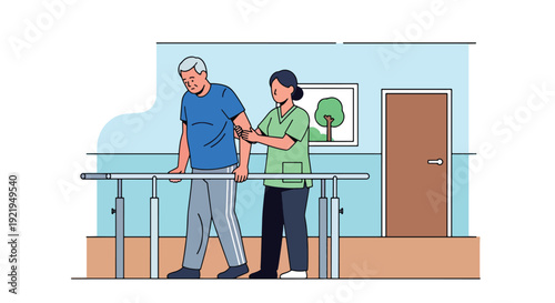 Modern vector illustration of patient practicing walking with therapist using support bars in flat solid color style highlighting recovery journey and health rehabilitation