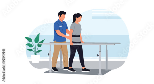 Modern vector illustration of patient practicing walking with therapist using support bars in flat solid color style highlighting recovery journey and health rehabilitation