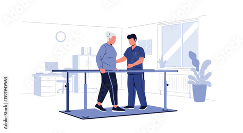 Modern vector illustration of patient practicing walking with therapist using support bars in flat solid color style highlighting recovery journey and health rehabilitation