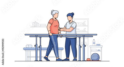 Modern vector illustration of patient practicing walking with therapist using support bars in flat solid color style highlighting recovery journey and health rehabilitation