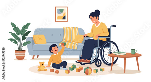 Modern vector illustration of disabled parent playing with child in living room in flat solid color style celebrating inclusive family life, parenting and emotional bonding
