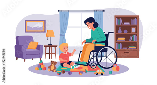 Modern vector illustration of disabled parent playing with child in living room in flat solid color style celebrating inclusive family life, parenting and emotional bonding