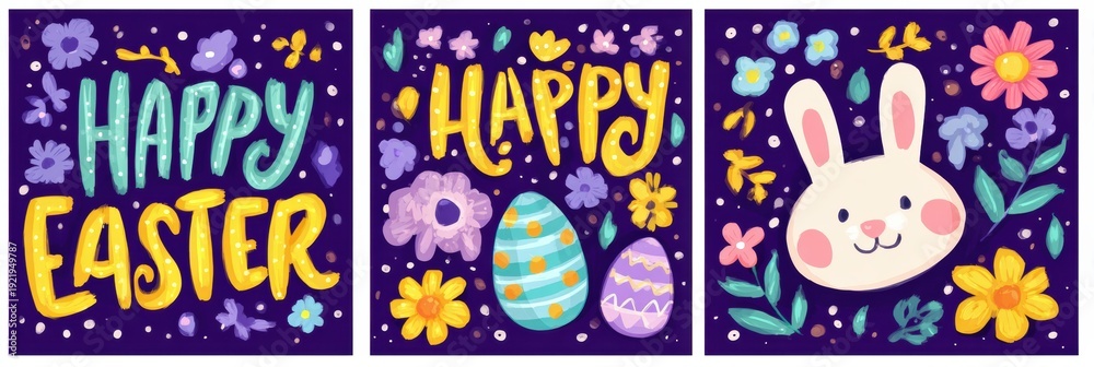 Fototapeta premium Happy Easter Greeting Cards With Designs That Include Easter Eggs, a Bunny, and Spring Flowers in Bright Colors and Fun Typography