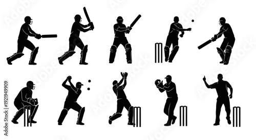 Cricket players in action, silhouetted against a white background, showcasing various batting and bowling poses from different viewpoints.