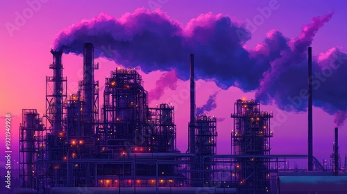 Industrial Factory Complex Emitting Vibrant Smoke Against a Purple and Pink Sunset Sky