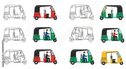 Illustrations of Tuk-tuks in Various Stages of Completion with Different Colors and Occupancy on a Plain White Background from a Side Viewpoint