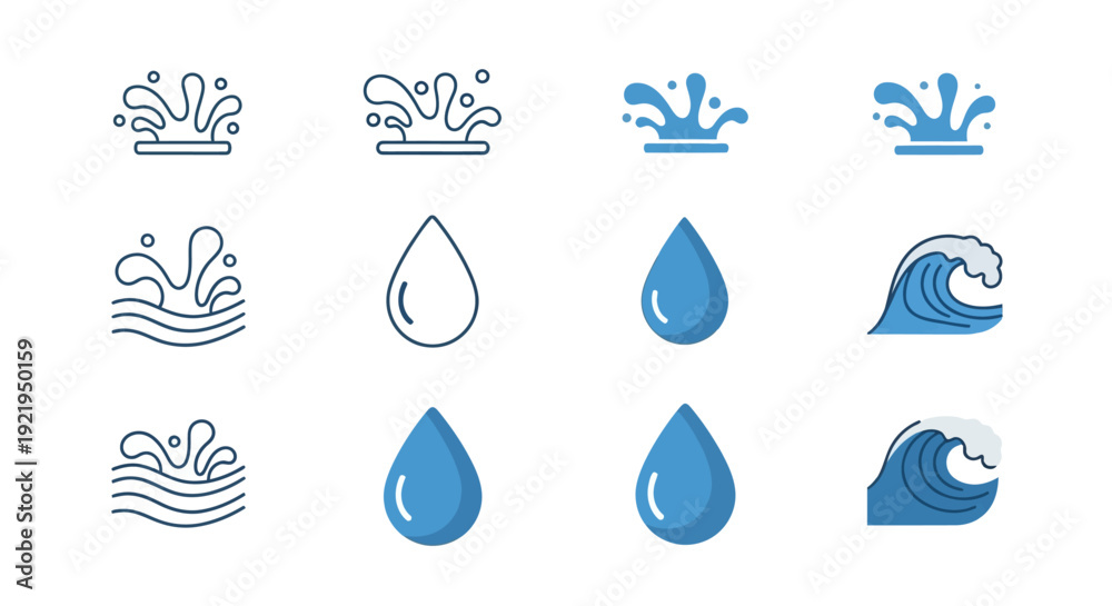 Fototapeta premium Collection of water-themed illustrations showcasing various forms of water in different styles