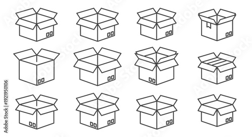 Twelve empty boxes are arranged in a grid pattern with lids open on a white background viewed from directly above