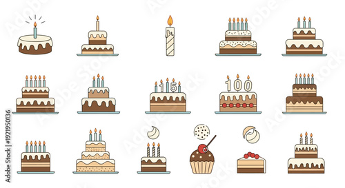 Variety of celebratory cakes and cupcakes with candles from different viewpoints on a clean white background