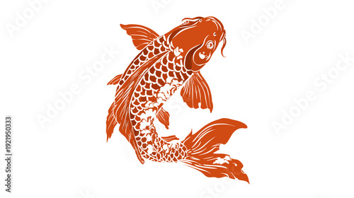A stylized illustration of a koi fish in shades of orange against a white backdrop