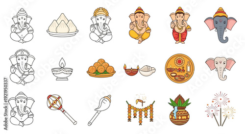 Collection of Hindu deity Ganesha illustrations with traditional items and symbols on a white background viewed from directly above