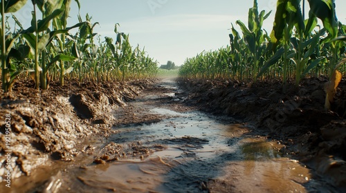 Muddy agricultural field with chemical runoff flowing between rows of growing corn under a clear sky