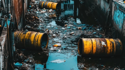 Industrial waste barrels leaking toxic substances into a polluted canal within a derelict urban environment