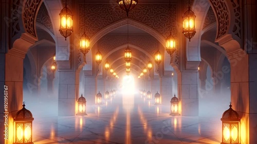 Mysterious Arched Hallway with Lanterns and Light.