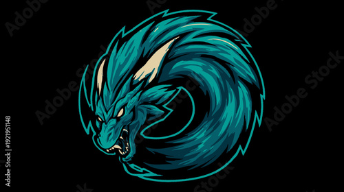 A teal dragon wraps around a circle, head showing aggressive snarling expression on black backdrop