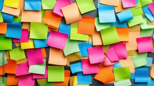Vibrant colorful sticky notes scattered for brainstorming ideas and collaboration in a dynamic meeting space