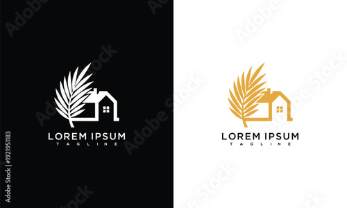 Tropical Home Logo with Palm Leaf Modern House Design for Real Estate Resort  Eco Living.
