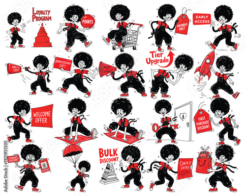 Engaging character promoting customer loyalty: 'Loyalty Program', 'Points', 'Member Only', 'Early Access', 'Add to Cart', 'Refer Friend', 'Tier Upgrade', and 'First Purchase Discount'.