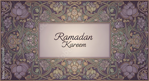 Ramadan Kareem greeting card background with elegant vintage floral arabesque pattern. Beautiful Islamic design for holy month celebration event banners and festive invitations.