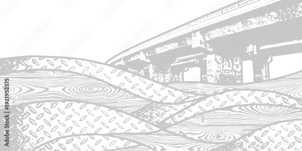 Obraz premium Industrial abstract background with textured metal waves and elevated highway structure, monochrome vector art