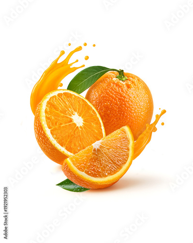 Fresh orange and cut in half with orange splash isolate on white background. Clipping path.