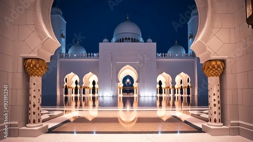 Luxurious Mosque Interior Architecture at Night.