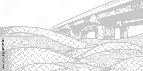 Industrial abstract background with textured metal waves and elevated highway structure, monochrome vector art