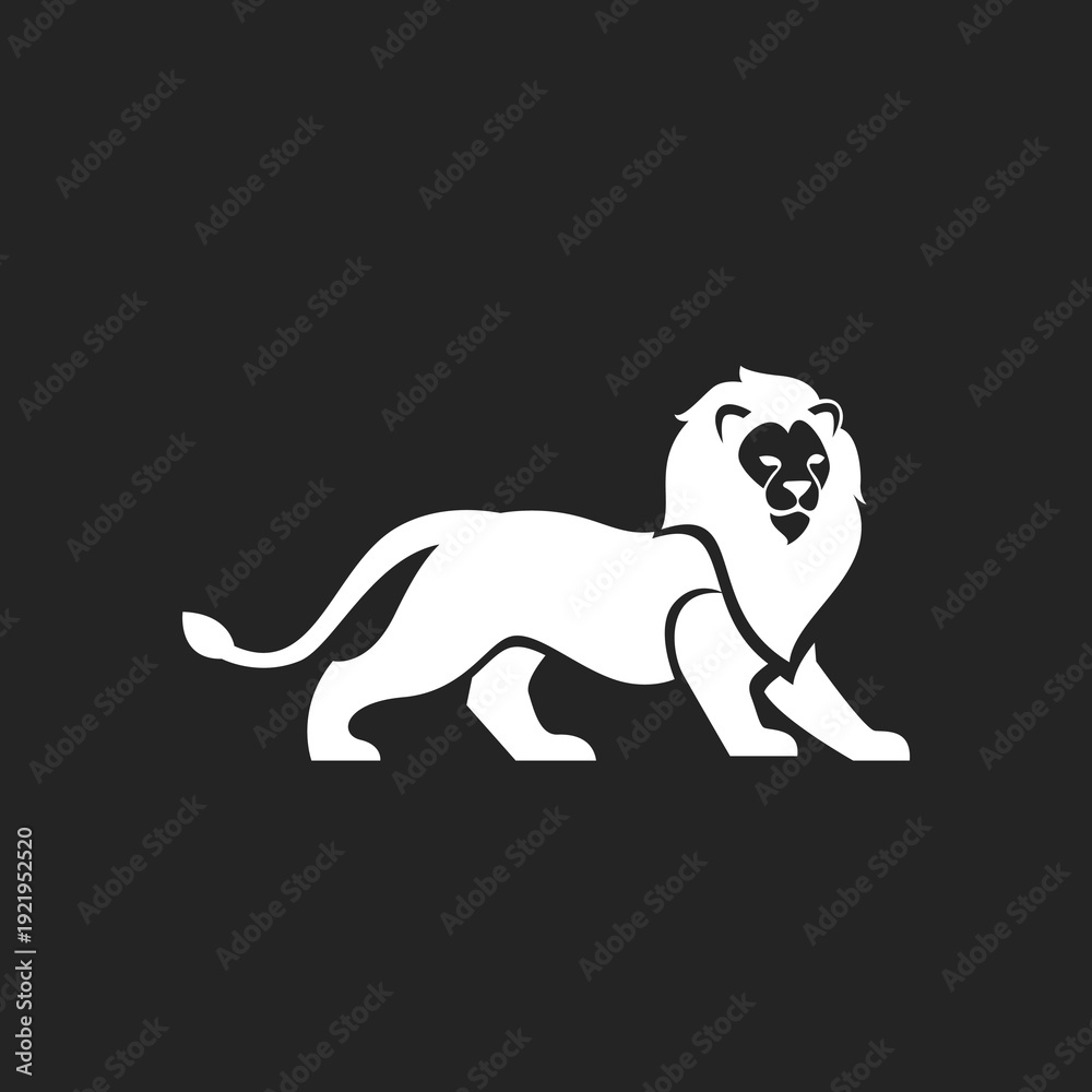 Fototapeta premium White Lion Logo Standing Silhouette, Majestic Prowling Feline Graphic Icon on Black Background