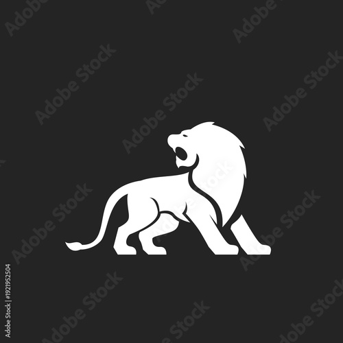 White Roaring Lion Silhouette Logo Vector Icon on Black Background