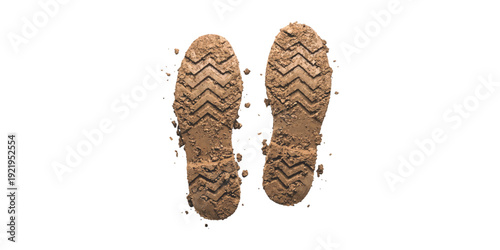 Realistic muddy boot footprints on a white background, showing tread pattern and dirt texture, isolated vector graphic.
