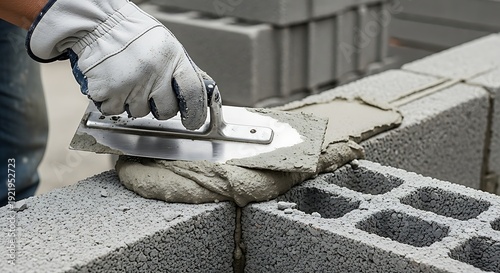 Bricklayer Applying Mortar to Concrete Block