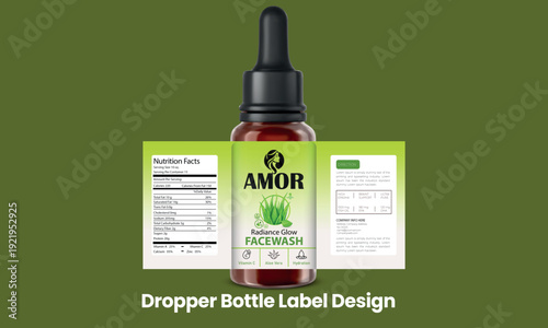 Eco-Friendly Beauty Product Skincare Serum Dropper Packaging Label Design Template with 3D Mockup