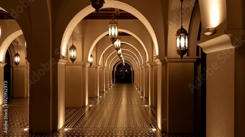 Long Arched Corridor with Ornate Lighting Fixtures.