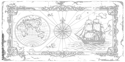 Vintage nautical map illustration with antique sailing ship, compass rose, and world globe in a distressed parchment frame