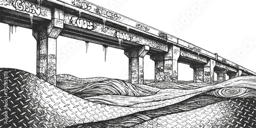 Grungy, graffiti-covered concrete overpass bridge with textured ground in a stark black and white ink illustration style