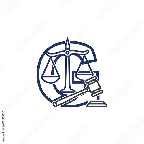 An illustration depicts a gavel and scales of justice in a circular emblem.