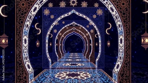 Ornate Archway with Islamic Patterns and Crescent Moons.
