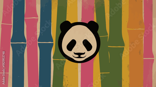 Colorful bamboo background with a panda face illustration in the center. Abstract and playful image