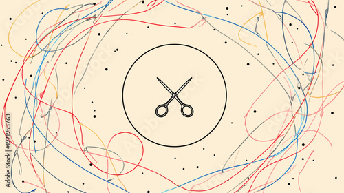 A cream-colored backdrop with scribbled lines of various hues and scattered black dots. A scissors icon inside a circle