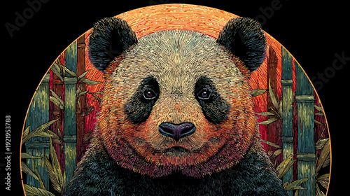 A detailed illustration of a panda's face, surrounded by bamboo. Color palette is warm, with a sunrise