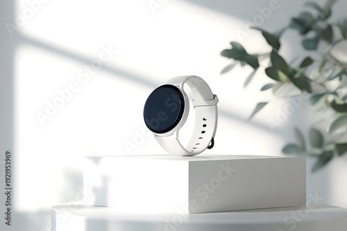 A smartwatch mockup leaning on a box blank round screen