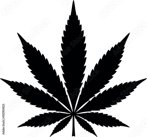 Black Silhouette of a Marijuana Cannabis Leaf with detailed serrated Edges Icon Vector