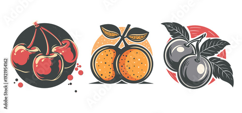 Vintage Fruit Badge Set with Cherries, Orange and Plum Illustration