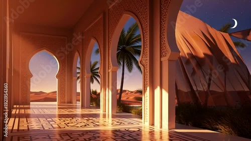 Moroccan Architecture Corridor with Palm Trees at Sunset.