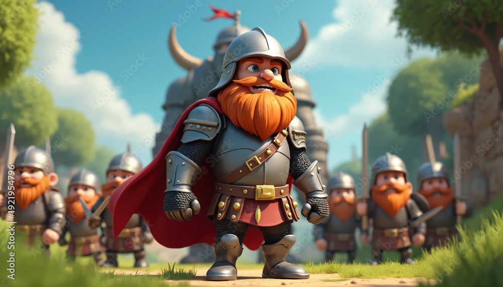 Obraz premium Cartoon dwarves stand in armor with swords. A leader with red beard and cape marches with his army. Fantasy warriors walk on grass path towards castle. Ready for battle.