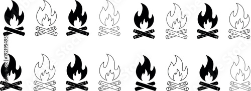 Campfire icons collection, fire flame with crossed logs symbols isolated on white background, camping elements set, cad drawing flat vector illustration