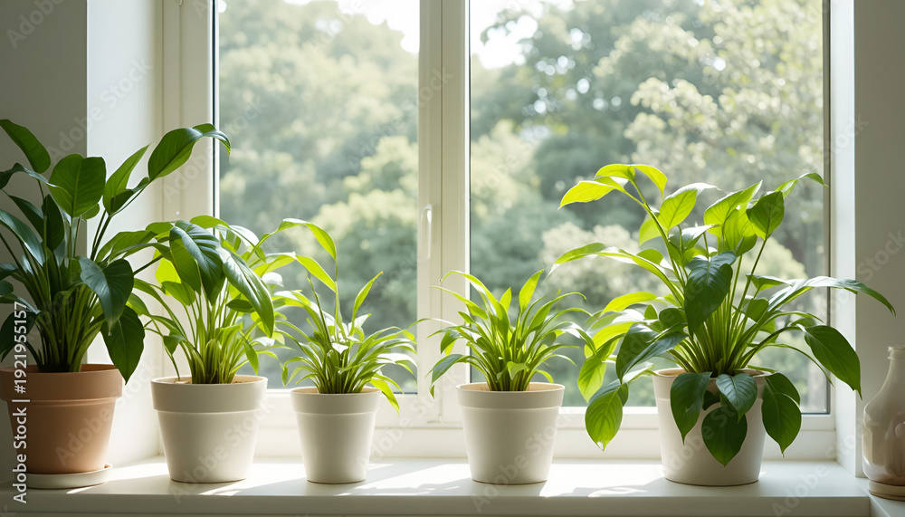 Fototapeta premium A serene indoor garden with potted plants on a sunny windowsill