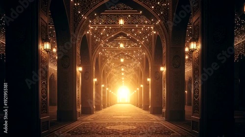 Ornate Corridor with Arches and Lanterns.