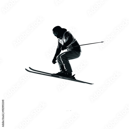Skier in action on snowy slope viewed from the side, capturing dynamic movement and athletic pose in a winter sports scene